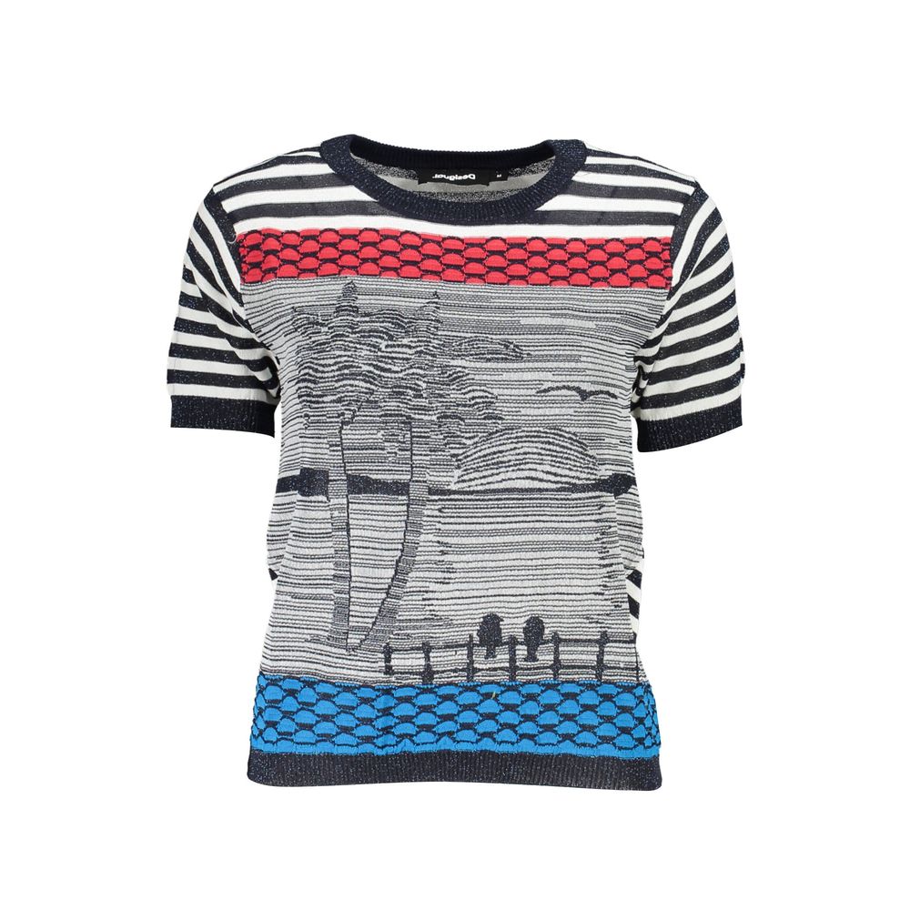 Desigual Blue Cotton Women Sweater with stripes and palm tree design, featuring short sleeves and bold logo accents.