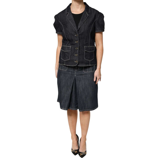 Escada Black Cotton Blend Denim Top Skirt Casual Set KOS2294-42