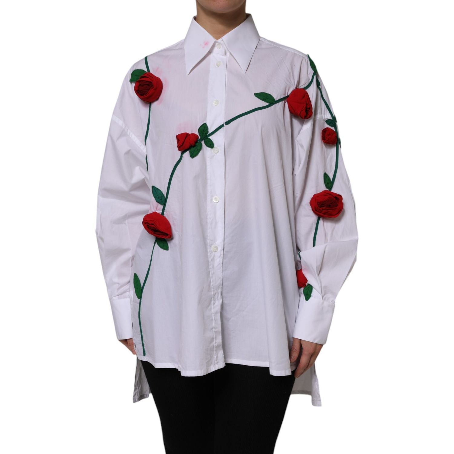 Dolce & Gabbana White Cotton Floral Appliques Dress Shirt Top