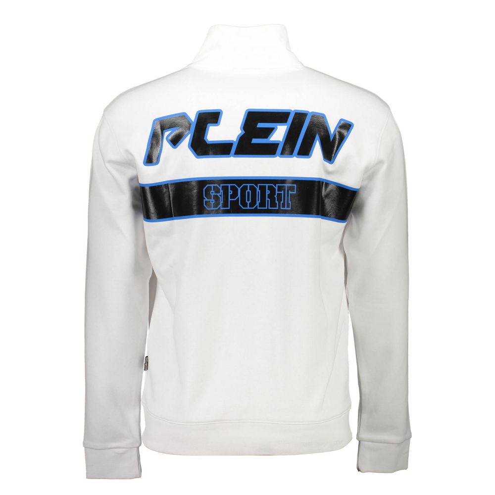 Plein Sport White Cotton Men Sweater with bold logo and contrasting details, featuring long sleeves, dual pockets, and zip closure.
