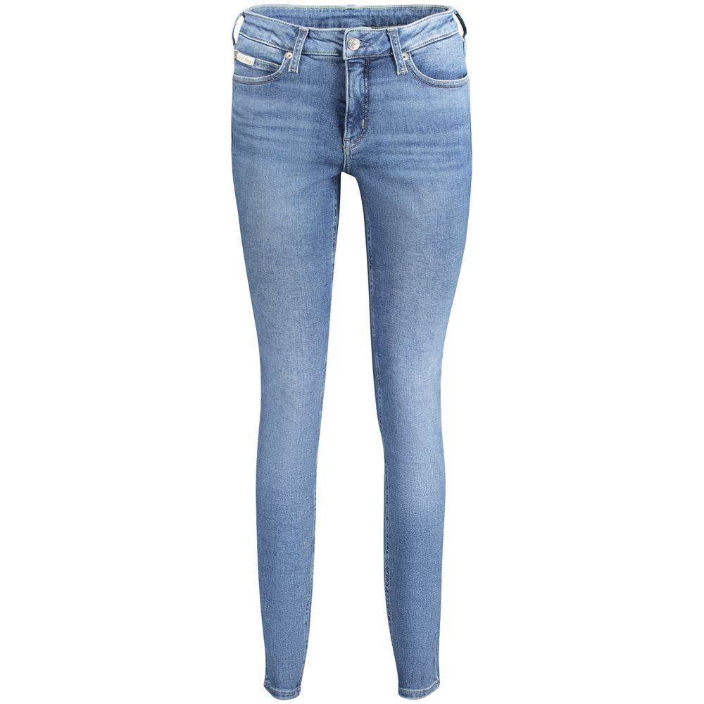 Calvin Klein Blue Cotton Women Jeans, vintage washed mid-rise skinny fit, eco-friendly with recycled cotton blend.