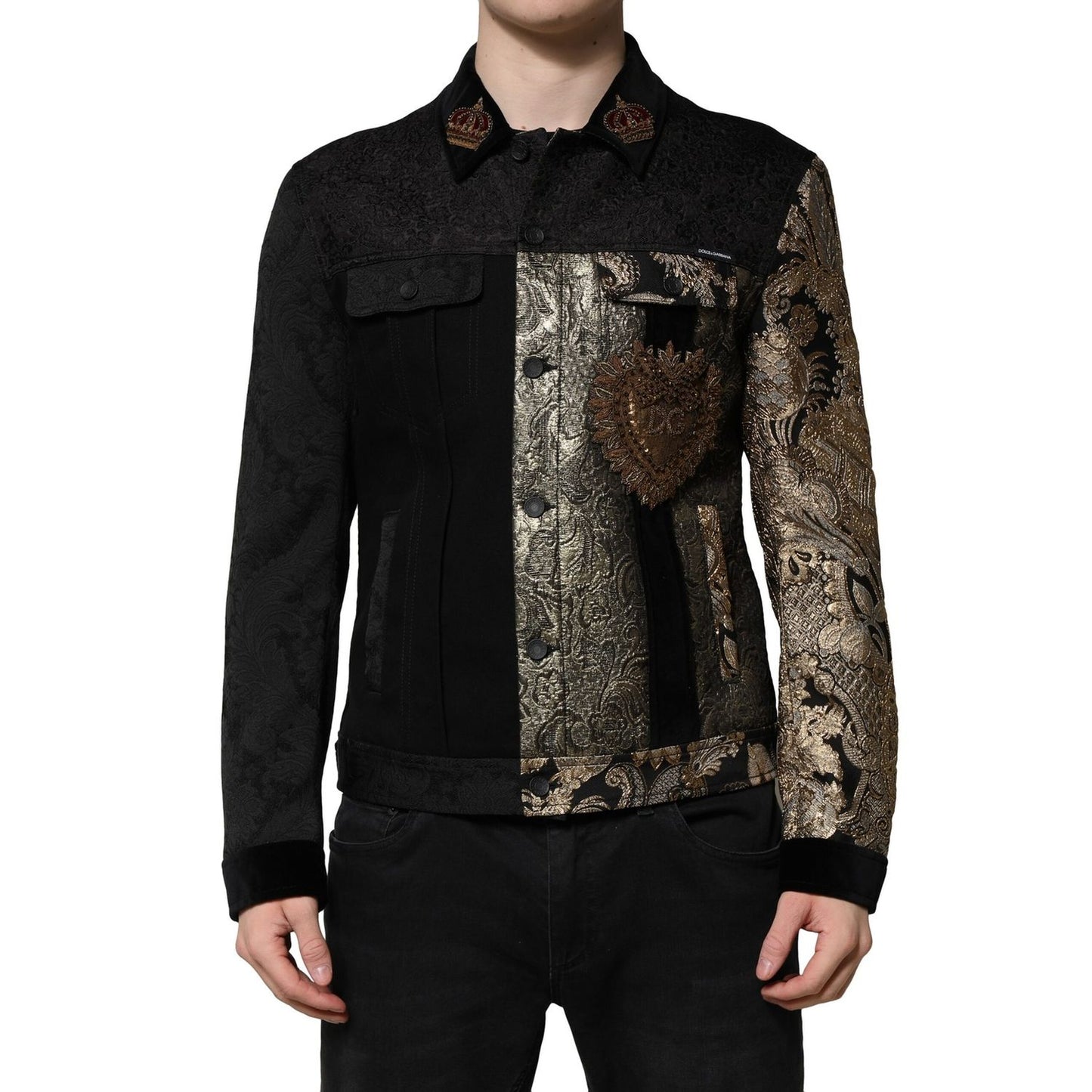 Dolce & Gabbana Black Gold Floral Jacquard Men Biker Jacket