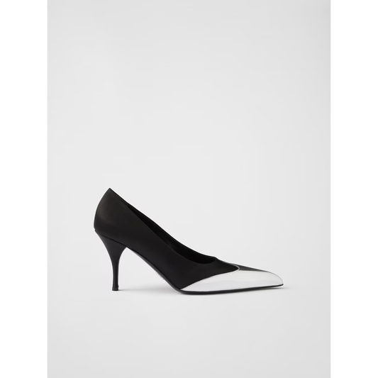 Prada Black Satin And Metallic Silver Leather Pumps