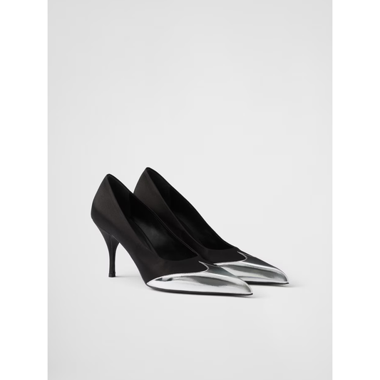 Prada Black Satin And Metallic Silver Leather Pumps