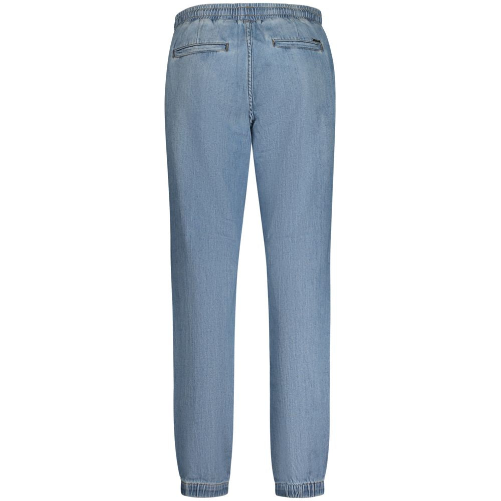Back view of Guess Jeans Blue Cotton Women Jeans with elastic waist and ankles, showcasing modern design and fit.