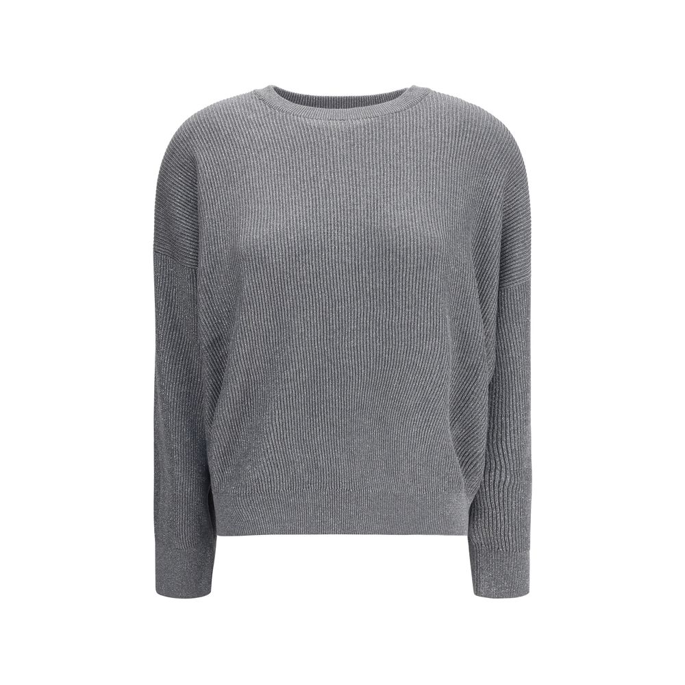 Brunello Cucinelli Gray Cotton Sweatshirt with ribbed design and crew neck, featuring a delicate shine for elegant, everyday style.