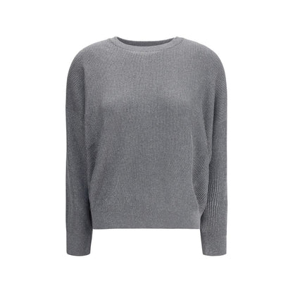 Brunello Cucinelli Gray Cotton Sweatshirt with ribbed design and crew neck, featuring a delicate shine for elegant, everyday style.