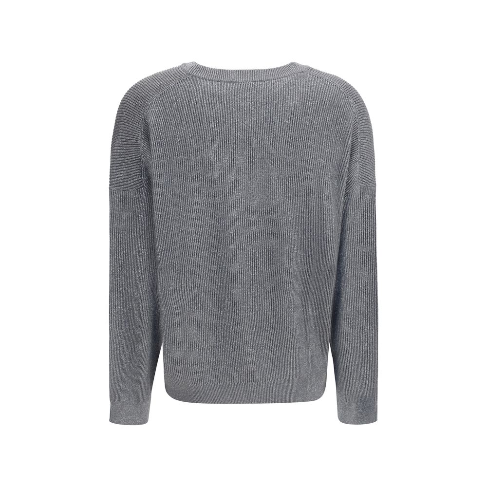 Back view of Brunello Cucinelli Gray Cotton Sweatshirt with ribbed design, perfect for elegant everyday wear.