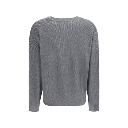 Back view of Brunello Cucinelli Gray Cotton Sweatshirt with ribbed design, perfect for elegant everyday wear.