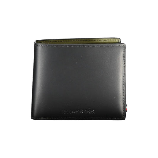 Tommy Hilfiger Black Leather Wallet with 2 compartments, coin purse, card spaces, and contrasting logo details.