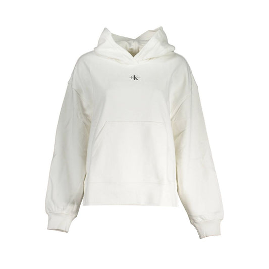 Calvin Klein White Cotton Women Sweater, sustainable 100% recycled material, cozy hood, front pocket, high fashion branded white hoodie