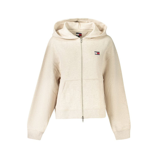 Tommy Hilfiger Beige Cotton Women Sweater with hood and zipper, featuring logo embroidery, perfect for casual chic style