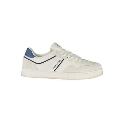 Tommy Hilfiger White Polyethylene Men Sneaker with contrasting blue details and iconic logo, offering sporty elegance and comfort.
