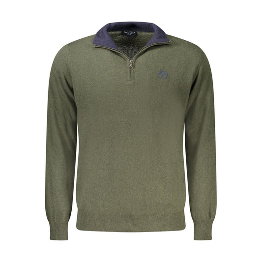 North Sails Green Wool Men Sweater with half-zip design and embroidery logo, offering a blend of luxury, warmth, and sporty elegance.