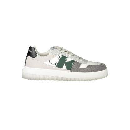 Calvin Klein White Polyethylene Men Sneaker with recycled rubber sole, grey-green-black accents, and distinctive print design.