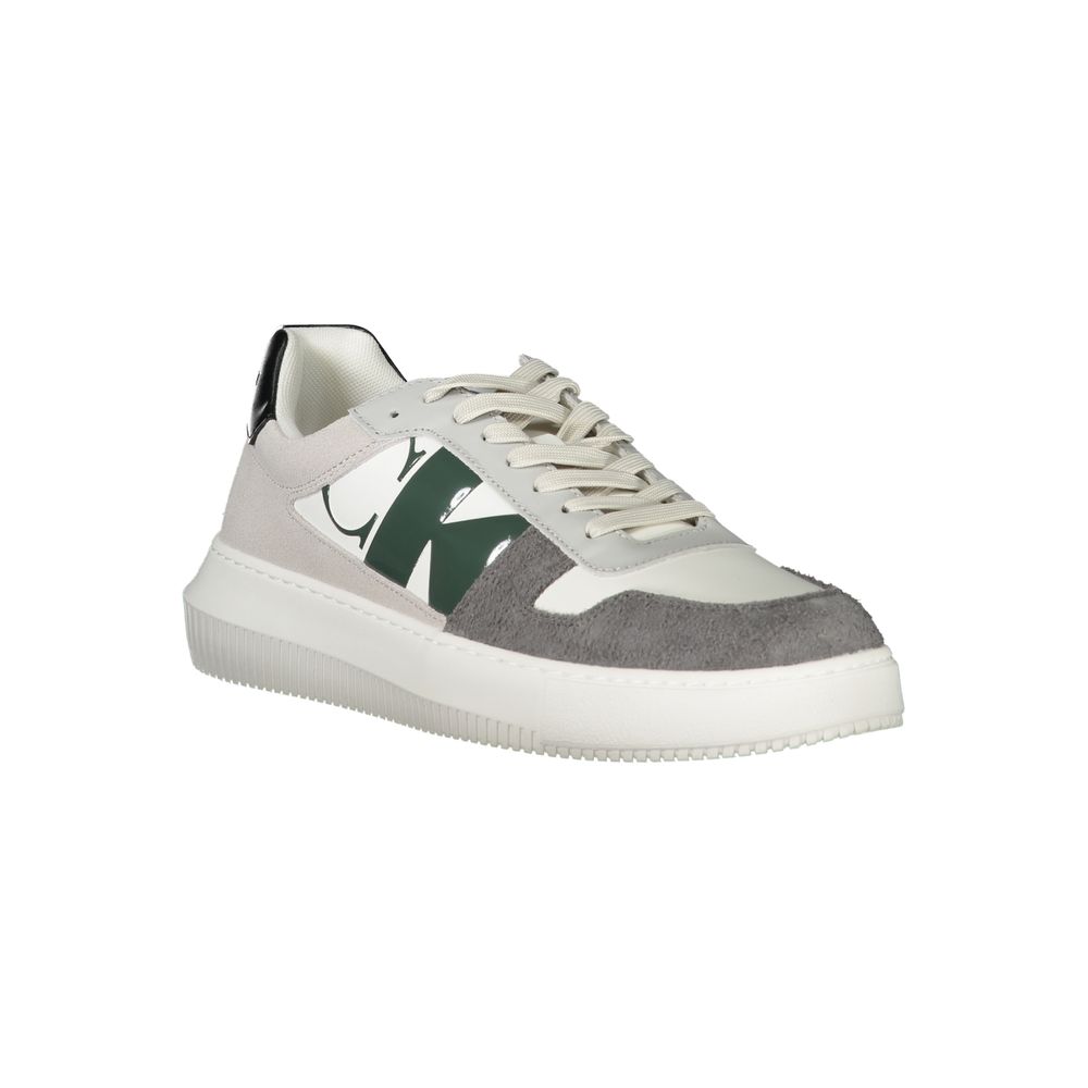 Calvin Klein White Polyethylene Men Sneaker with lace-up design and grey-green-black detailing.