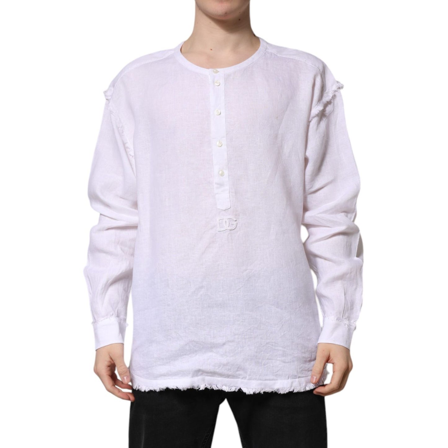 Dolce & Gabbana White Linen Long Sleeves Casual Men Shirt
