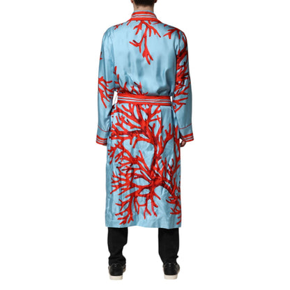 Dolce & Gabbana Blue Red Coral Print Wrap Robe Coat Jacket