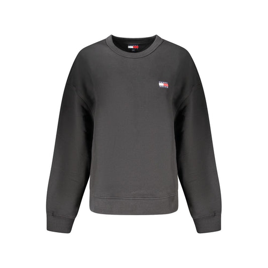 Tommy Hilfiger Black Cotton Women Sweater with crew neck, featuring iconic logo on chest, made with 95% regenerative cotton for stylish comfort.