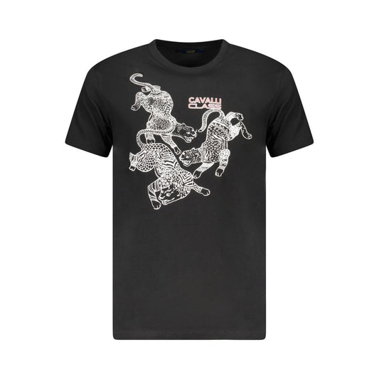 Cavalli Class Black Cotton Men T-Shirt with graphic design and logo, embodying luxury and style, crafted for comfort and bold fashion statements.