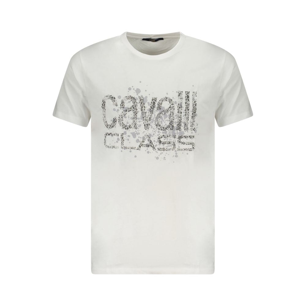 Cavalli Class White Cotton Men T-Shirt featuring striking print and iconic logo on crisp white fabric.