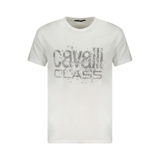 Cavalli Class White Cotton Men T-Shirt featuring striking print and iconic logo on crisp white fabric.