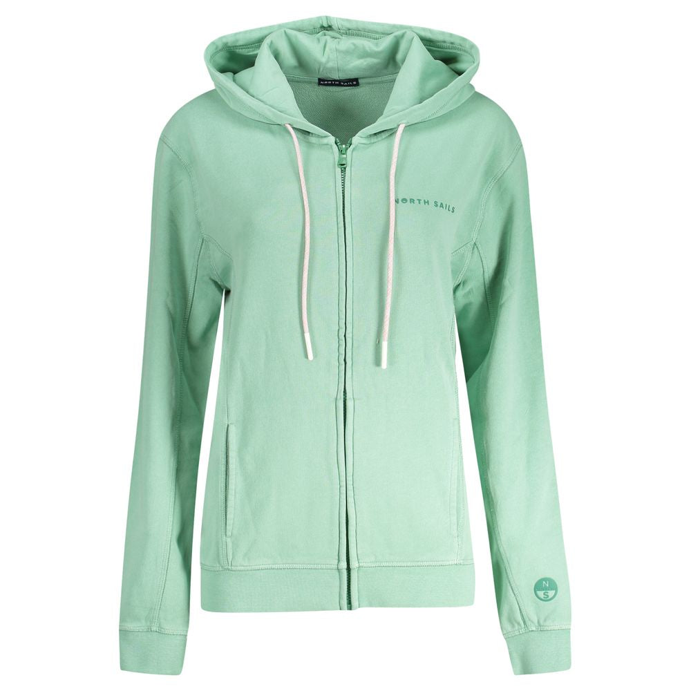 North Sails Green Cotton Women Sweater with hood and zip closure, featuring central pockets and embossed logo print.