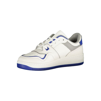 Tommy Hilfiger White Polyethylene Men Sneaker with blue accents, showcasing athletic style and iconic logo for the modern man on the move.
