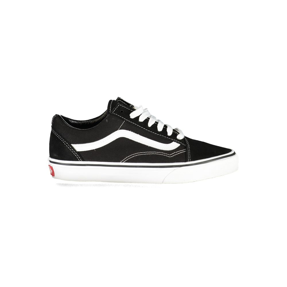 Vans Black Leather Men Sneaker with iconic white stripe design on side, featuring durable leather and polyester blend.