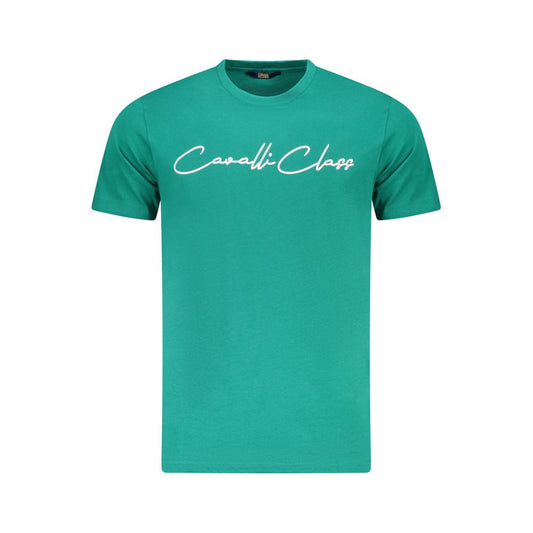 Cavalli Class Green Cotton Men T-Shirt with signature print and logo, bold crew neck design in vibrant green for a luxury fashion statement.