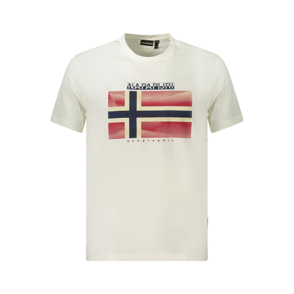 Napapijri White Cotton Men T-Shirt with bold print and Napapijri logo, crafted from 100% organic cotton for contemporary style.