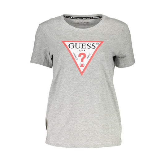 Guess Jeans Gray Cotton Women T-Shirt with logo print and crew neck design.
