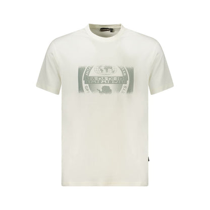Napapijri White Cotton Men T-Shirt with bold print and iconic logo, eco-friendly fashion statement.