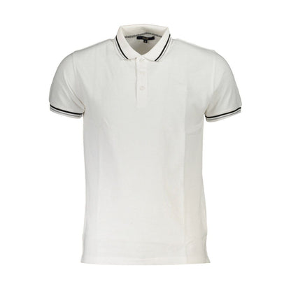 Cavalli Class White Cotton Men Polo Shirt with short sleeves and contrasting details, featuring signature embroidery for a classy look.
