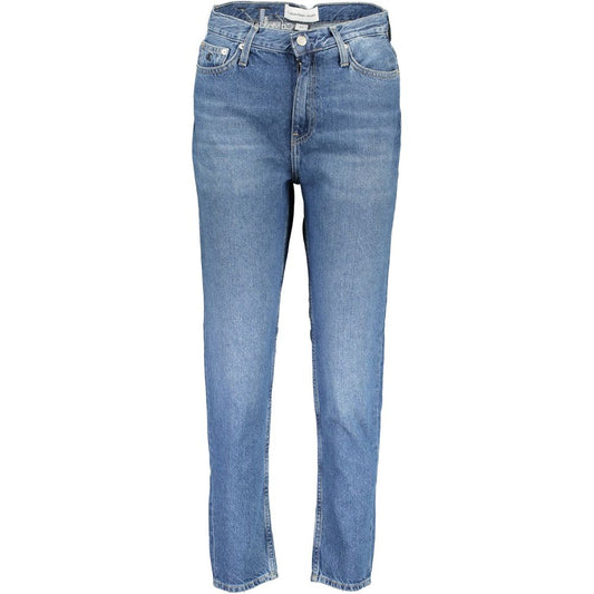 Calvin Klein Blue Cotton Women Jeans with chic faded effect and embroidery, high-waist, sustainable fabric.