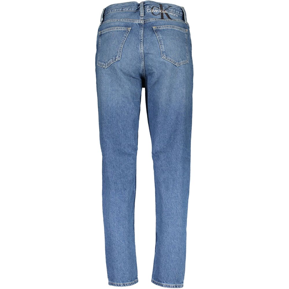 Back view of Calvin Klein Blue Cotton Women Jeans with faded effect, high-waist, and chic embroidery, emphasizing sustainable fashion.