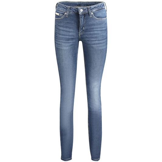 Calvin Klein Blue Cotton Women Jeans with mid-rise skinny fit, washed effect, and iconic logo, made with sustainable materials.