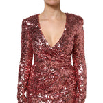 Dolce & Gabbana Pink Sequin Statement Nylon Midi V-Neck Dress DR81733-40