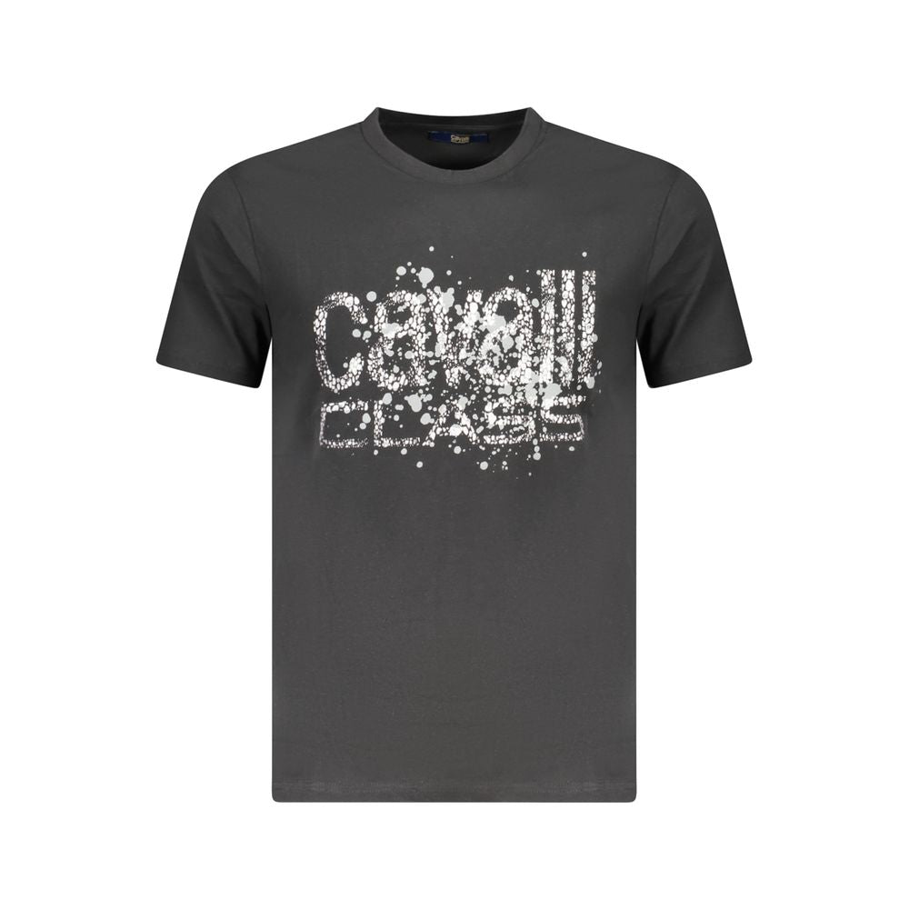 Cavalli Class Black Cotton Men T-Shirt with logo and print design on front, perfect blend of style and quality