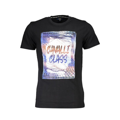 Cavalli Class Black Cotton Men T-Shirt with logo and colorful print design, short sleeve crew neck for stylish and confident wear.