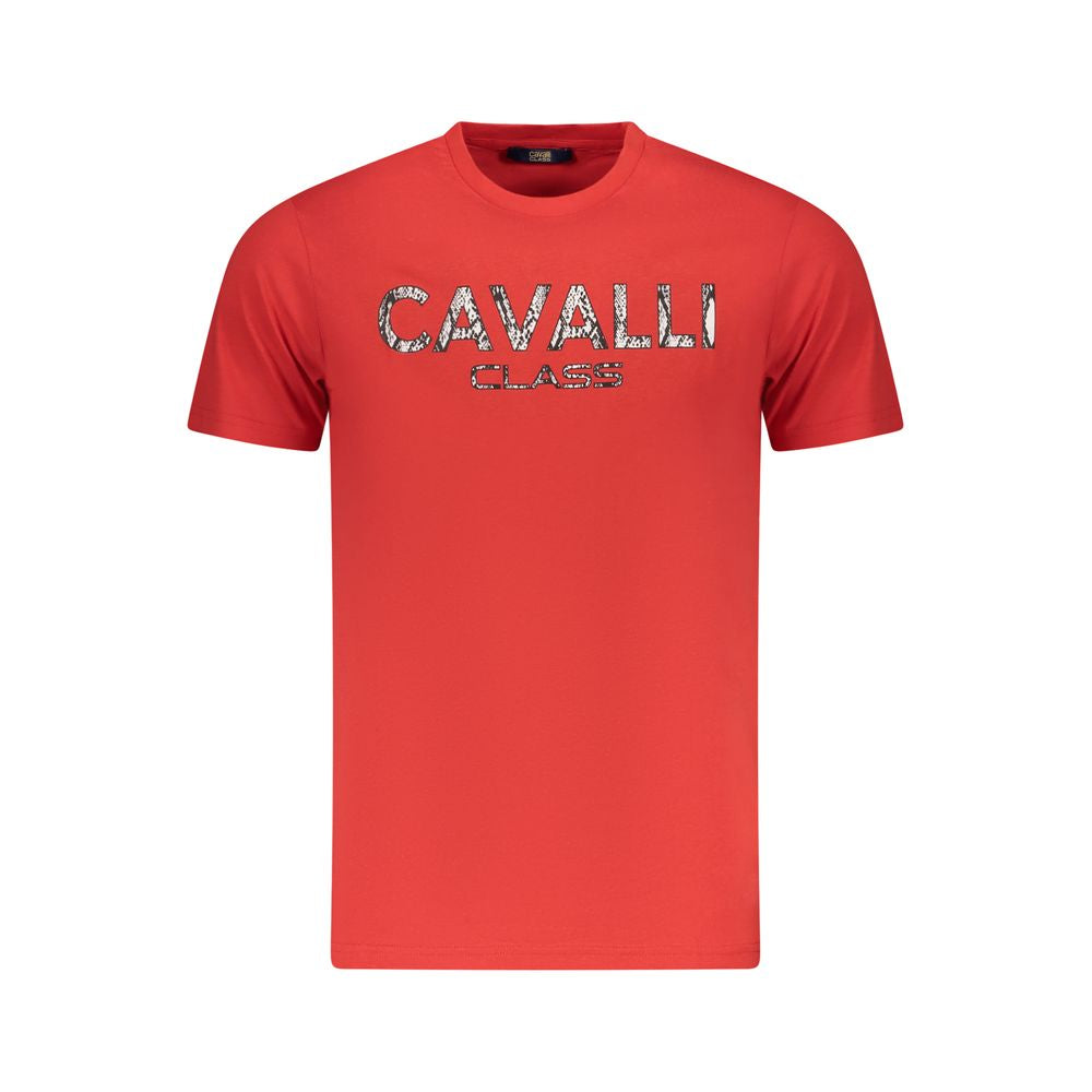 Cavalli Class Red Cotton Men T-Shirt with logo and trendy print, luxury fashion piece for bold style.