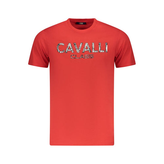 Cavalli Class Red Cotton Men T-Shirt with logo and trendy print, luxury fashion piece for bold style.