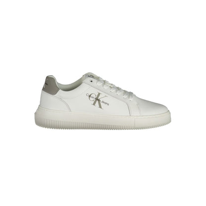 Calvin Klein White Leather Men Sneaker with recycled rubber sole and grey accents, showcasing sleek urban style and sustainability.