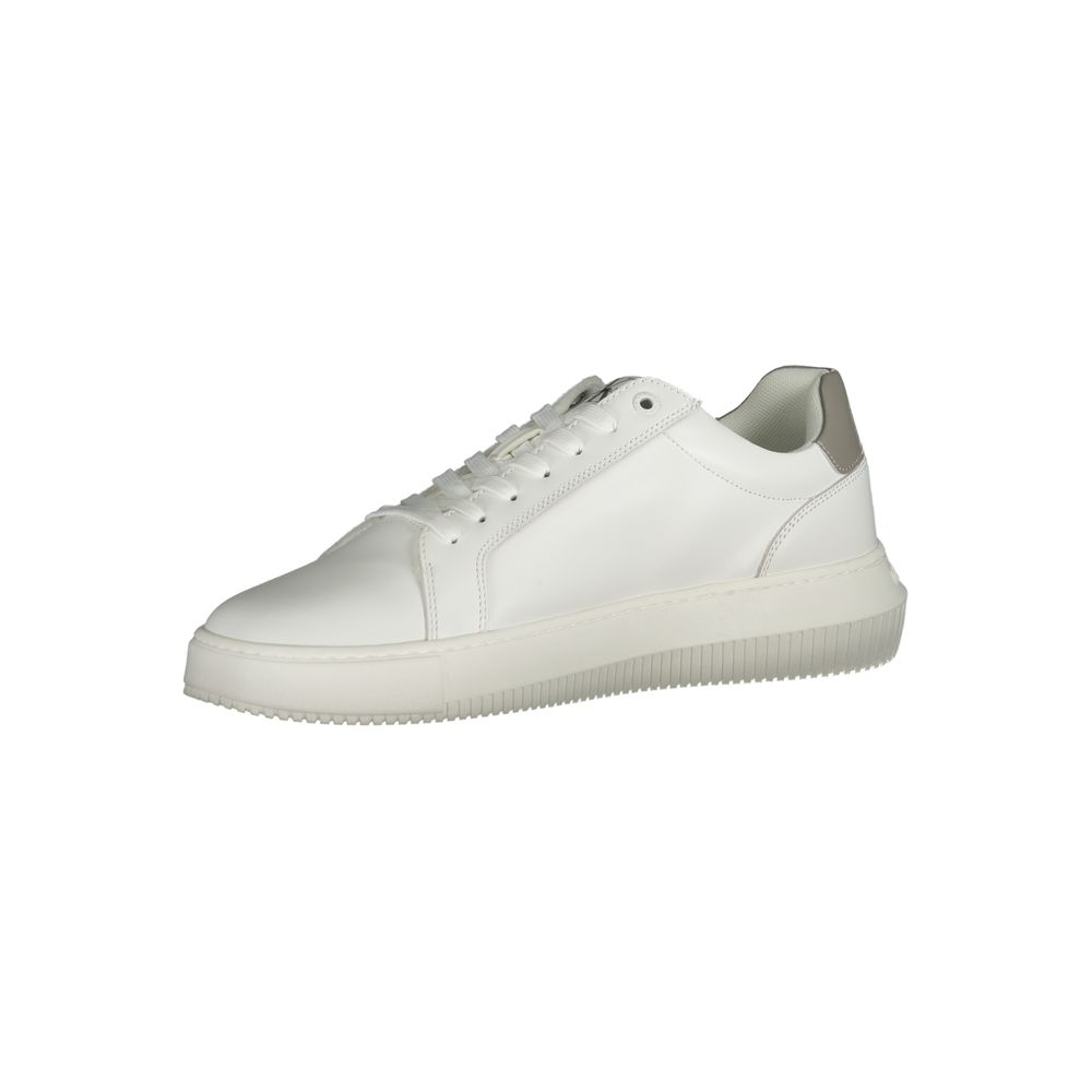 Calvin Klein White Leather Men Sneaker with recycled rubber sole and grey accents, offering modern style and comfort.