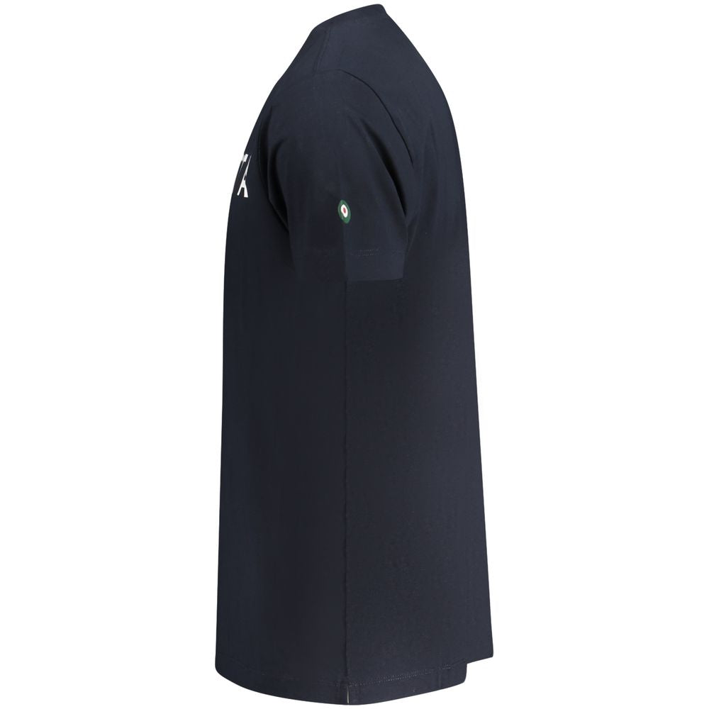 Side view of Armata Di Mare Blue Cotton Men T-Shirt with bold print and logo, epitomizing nautical sophistication and coastal charm.