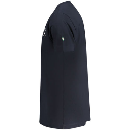 Side view of Armata Di Mare Blue Cotton Men T-Shirt with bold print and logo, epitomizing nautical sophistication and coastal charm.