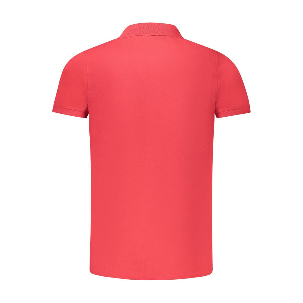 Back view of Norway 1963 Red Cotton Polo Shirt with short sleeves and 3-button design, featuring application and logo.