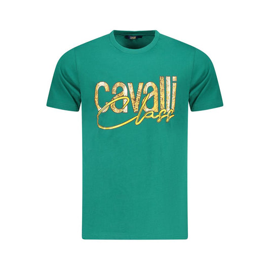 Cavalli Class Green Cotton Men T-Shirt with logo, crew neck, and bold print, ideal for fashion-forward style and comfort.