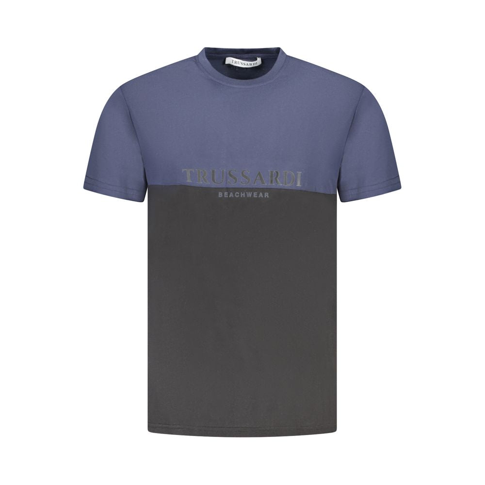 Trussardi Blue Cotton Men T-Shirt with two-tone design and logo, featuring short sleeves and crew neck for modern style.