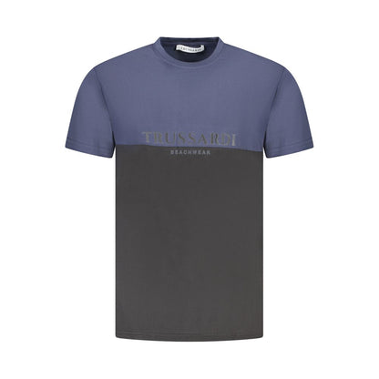 Trussardi Blue Cotton Men T-Shirt with two-tone design and logo, featuring short sleeves and crew neck for modern style.